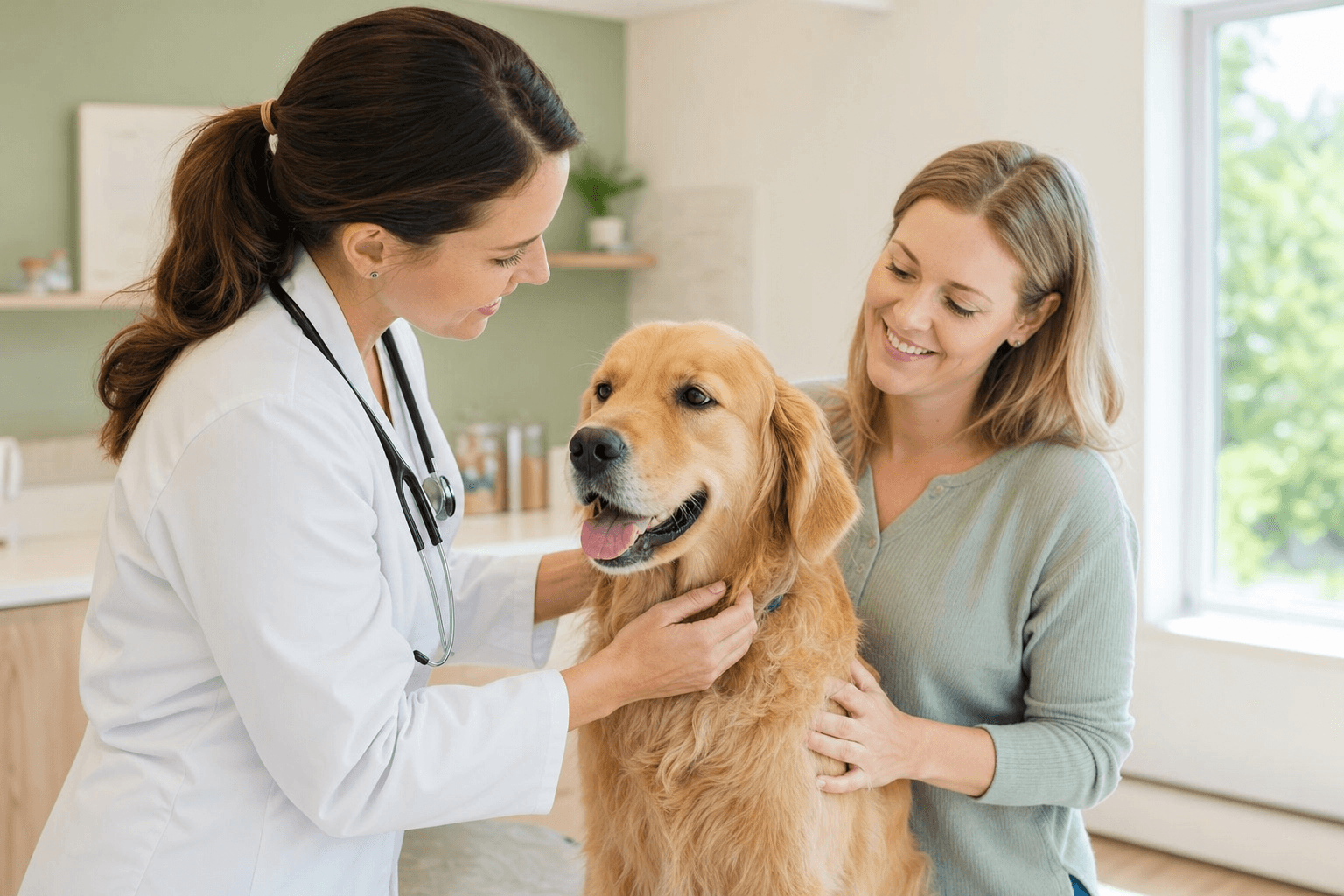 Veterinarian examining a pet with owner at PetCare AI clinic